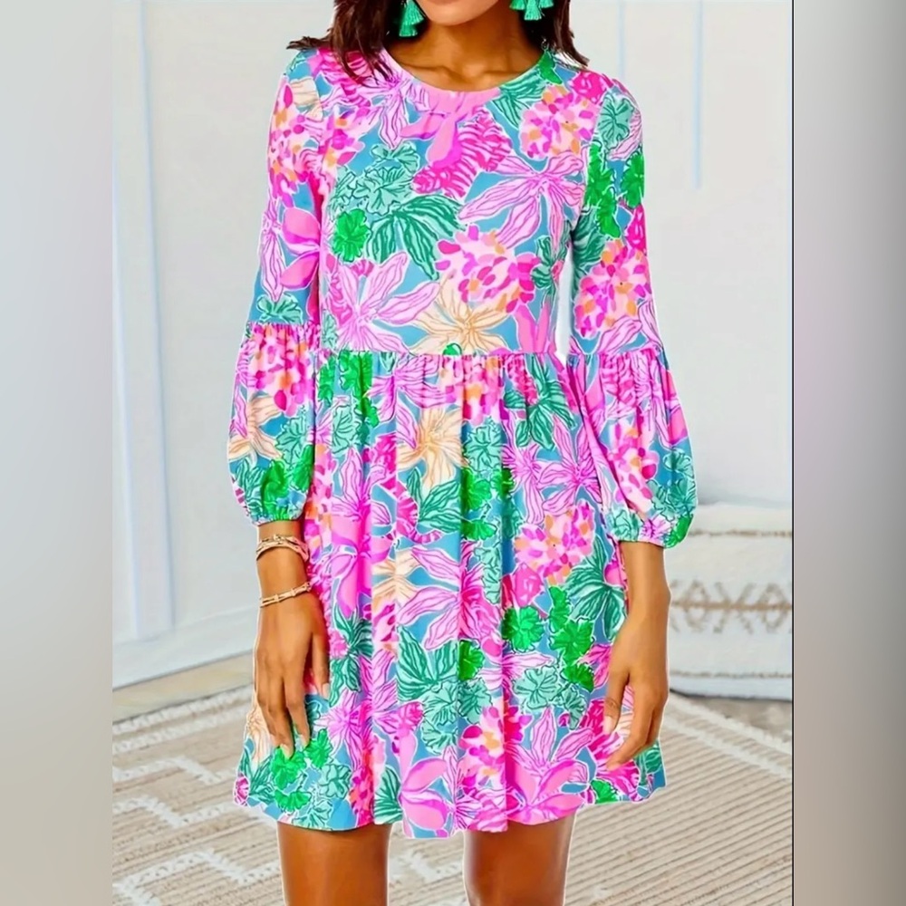 NEW Floral Pink and Green Dress Tigers Lair Print Large